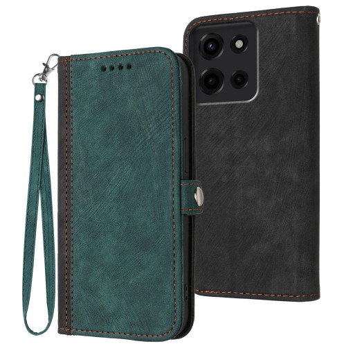 Moto G 2025 Side Buckle Double Fold Hand Strap Leather Phone Case - Dark Green